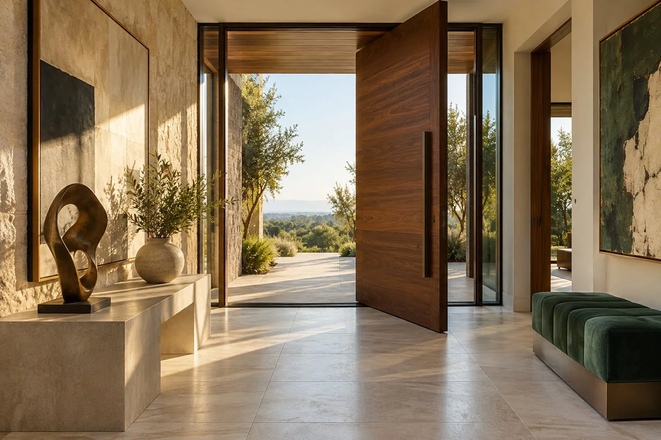 AI-generated design inspiration: A warm contemporary entry with walnut pivot door, cream stone floor, emerald upholstered bench and abstract bronze sculpture