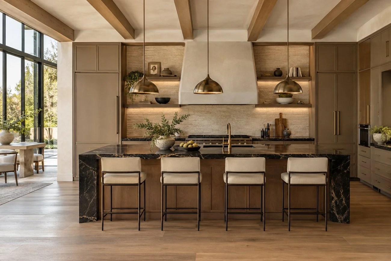 AI-generated design inspiration: A spacious modern kitchen with taupe cabinets, black marble island, cream textured backsplash and honey oak ceiling beams