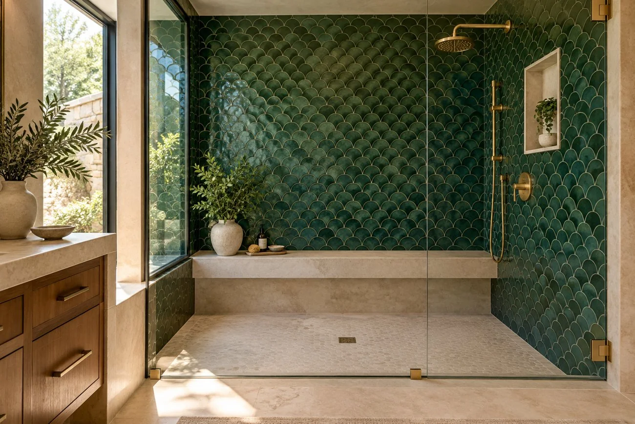AI-generated design inspiration: A designer shower with emerald fish-scale tile, cream limestone bench, clear frameless glass and brushed brass fixtures