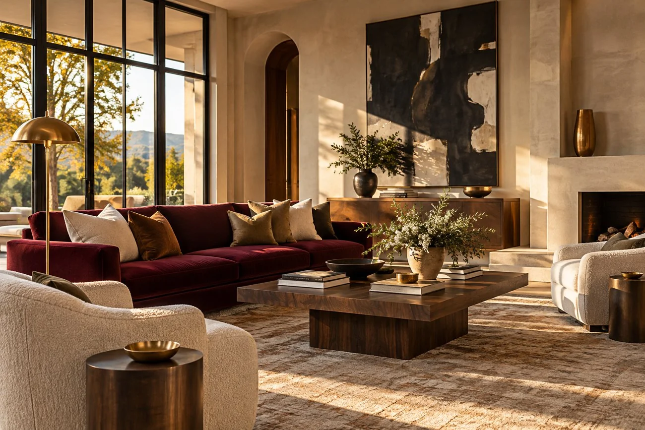 AI-generated design inspiration: A glamorous living room with burgundy velvet sofa, ivory chairs, walnut tables, black abstract art and muted gold accessories
