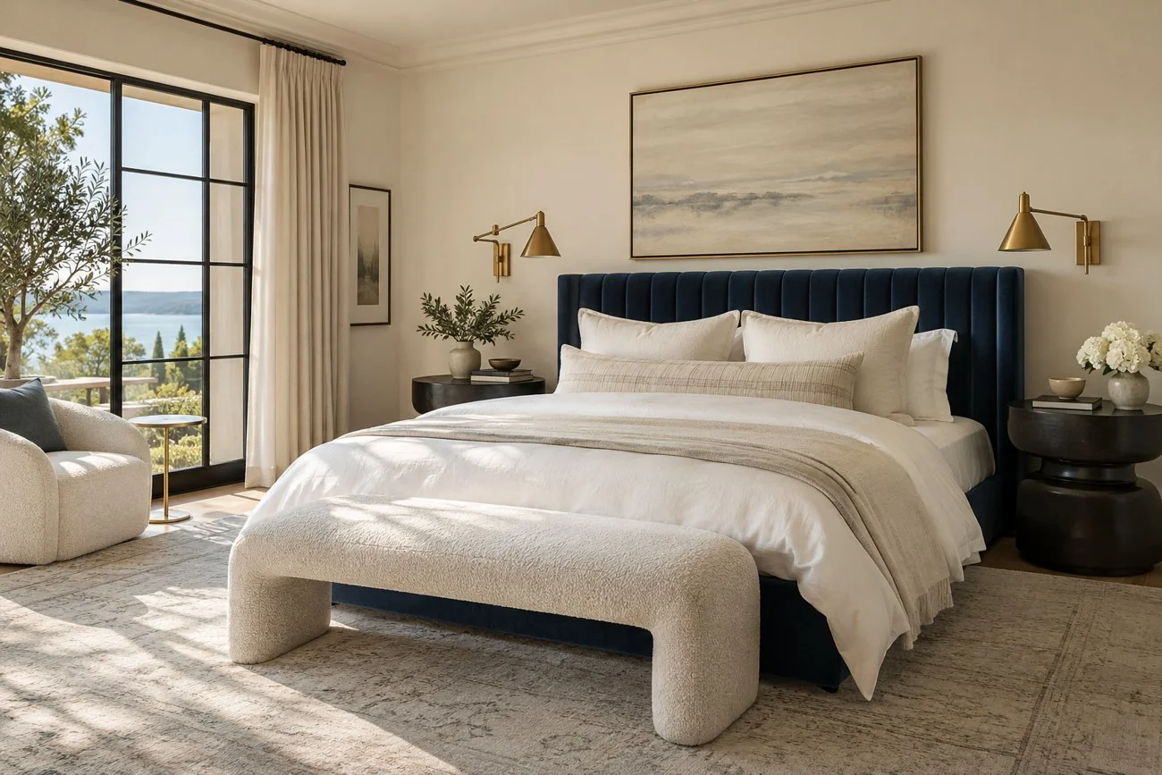AI-generated design inspiration: A calm cream bedroom with navy channel-tufted headboard, sculptural black bedside tables and brass swing-arm sconces