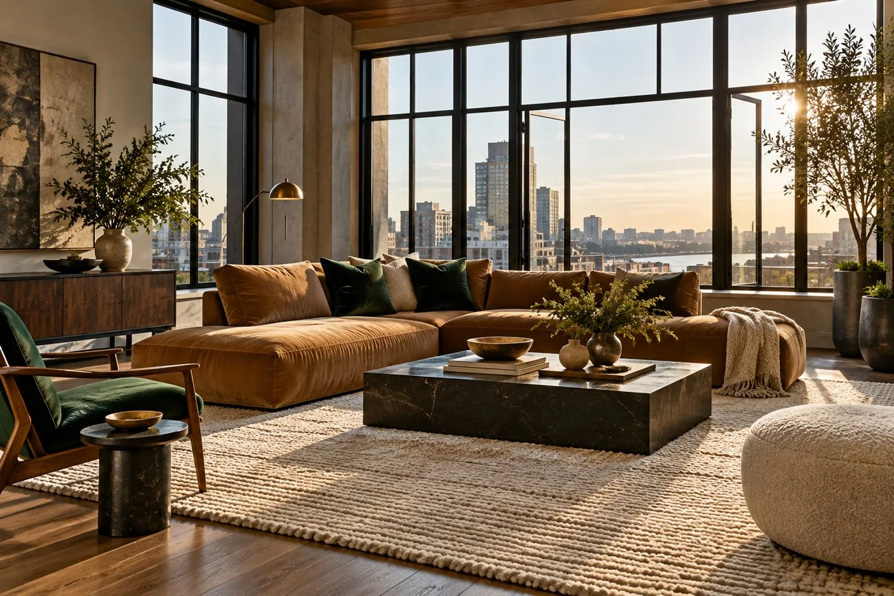 AI-generated design inspiration: A contemporary loft-style living room with black steel windows, camel velvet sofa, emerald accent cushions and large cream textured rug