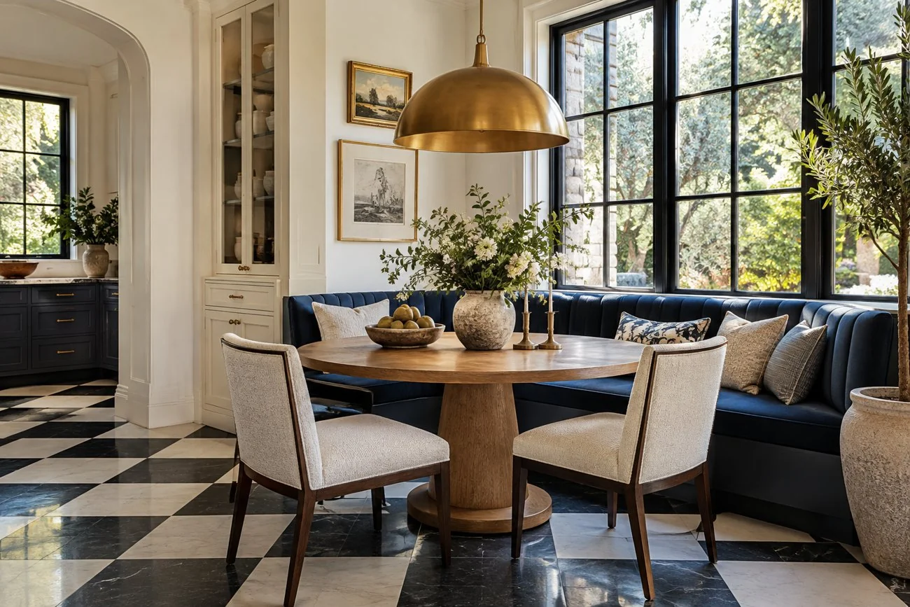 AI-generated design inspiration: A sophisticated breakfast area with black and ivory checkerboard flooring, warm oak round table, navy banquette and brass dome pendant