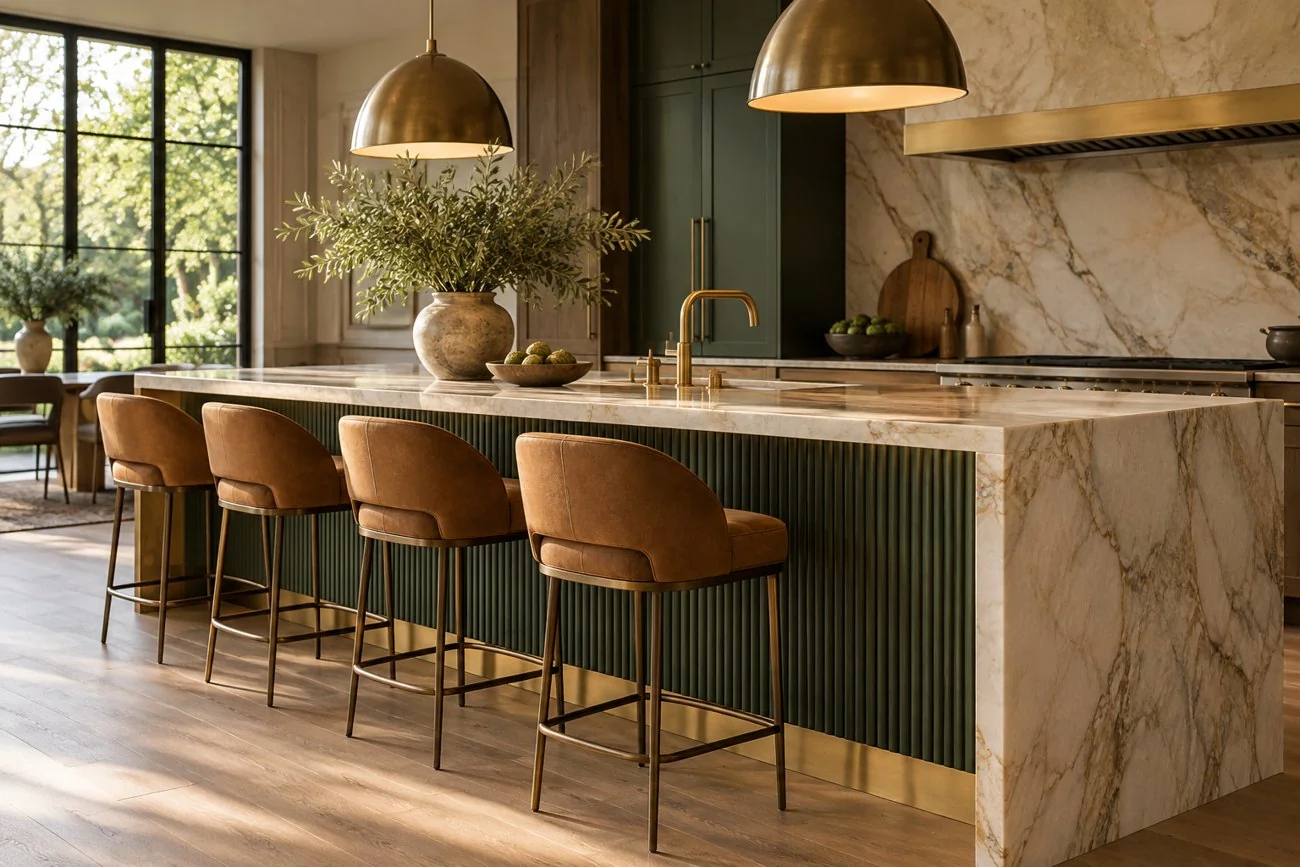 AI-generated design inspiration: A luxury kitchen island close-up with fluted emerald base, cream waterfall stone, caramel upholstered stools and brass toe-kick detail