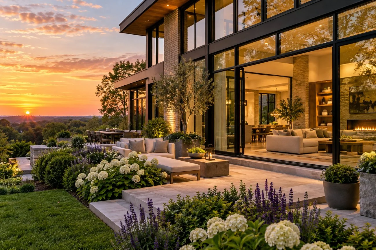 AI-generated design inspiration: A modern glass-and-brick residential exterior with black steel windows, warm interior light and elegant flowering garden borders at sunset
