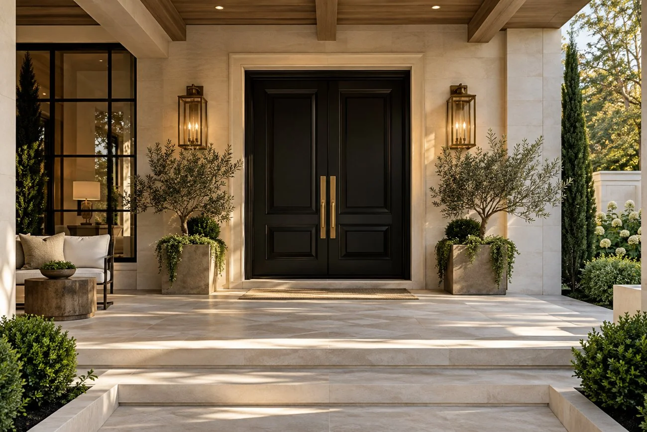 AI-generated design inspiration: A glamorous covered entry with oversized black double doors, cream stone cladding, brass lanterns and sculptural planters