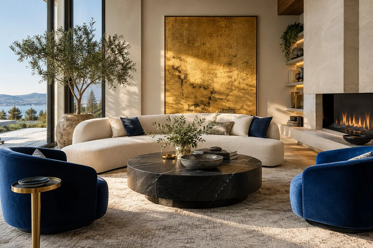AI-generated design inspiration: A designer living room with cream curved sofa, sapphire blue accent chairs, round black stone coffee table and dramatic oversized gold artwork
