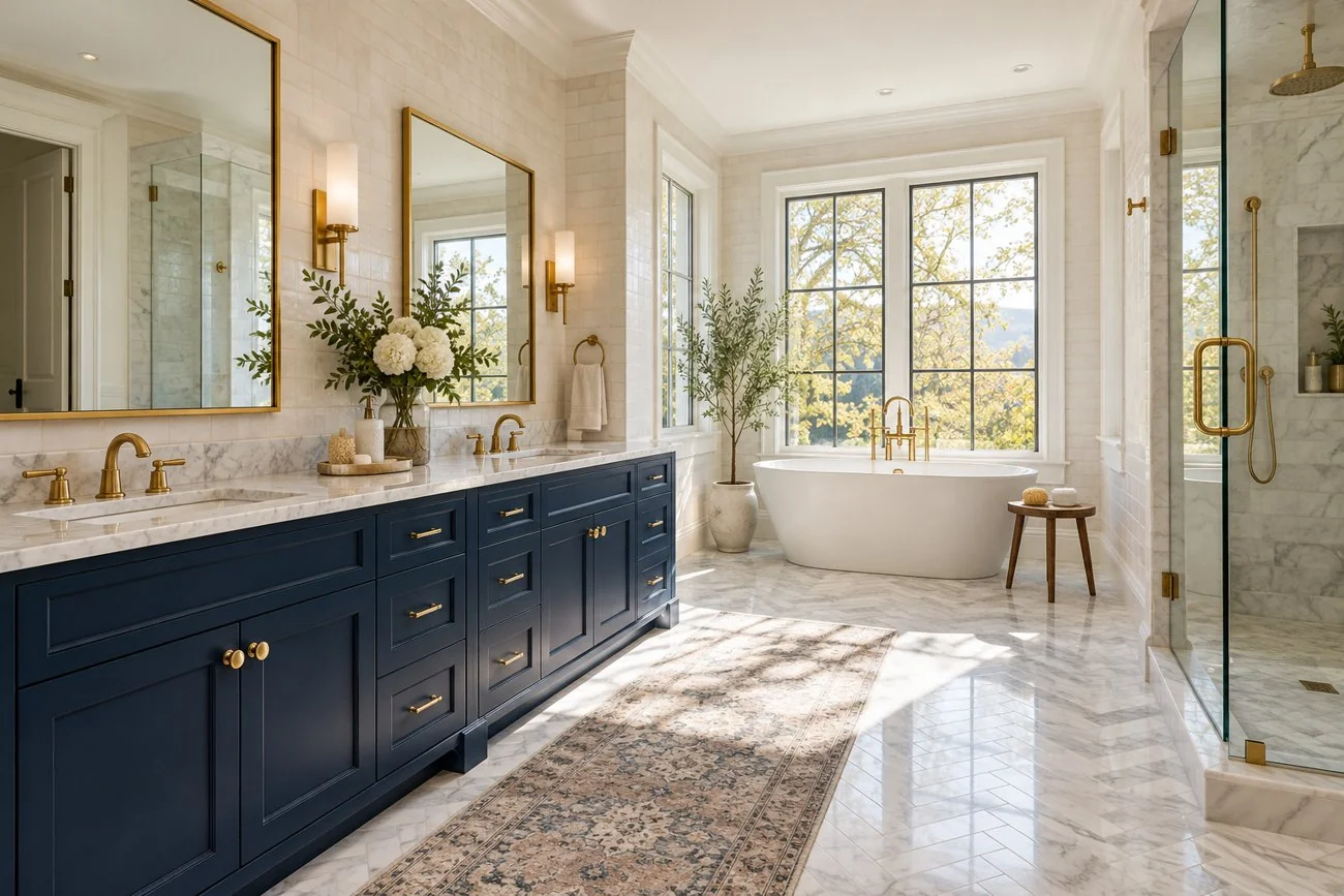 AI-generated design inspiration: A luxurious bathroom with navy vanity, white marble herringbone floor, gold mirrors and ivory tiled walls