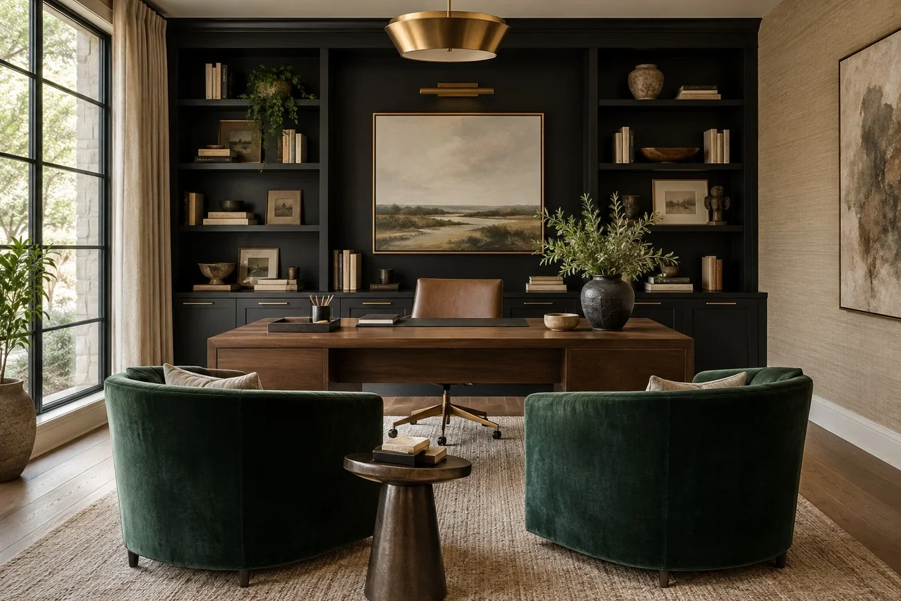 AI-generated design inspiration: A contemporary home office with black built-in shelves, warm brown desk, emerald velvet guest chairs and beautiful cream grasscloth wall covering