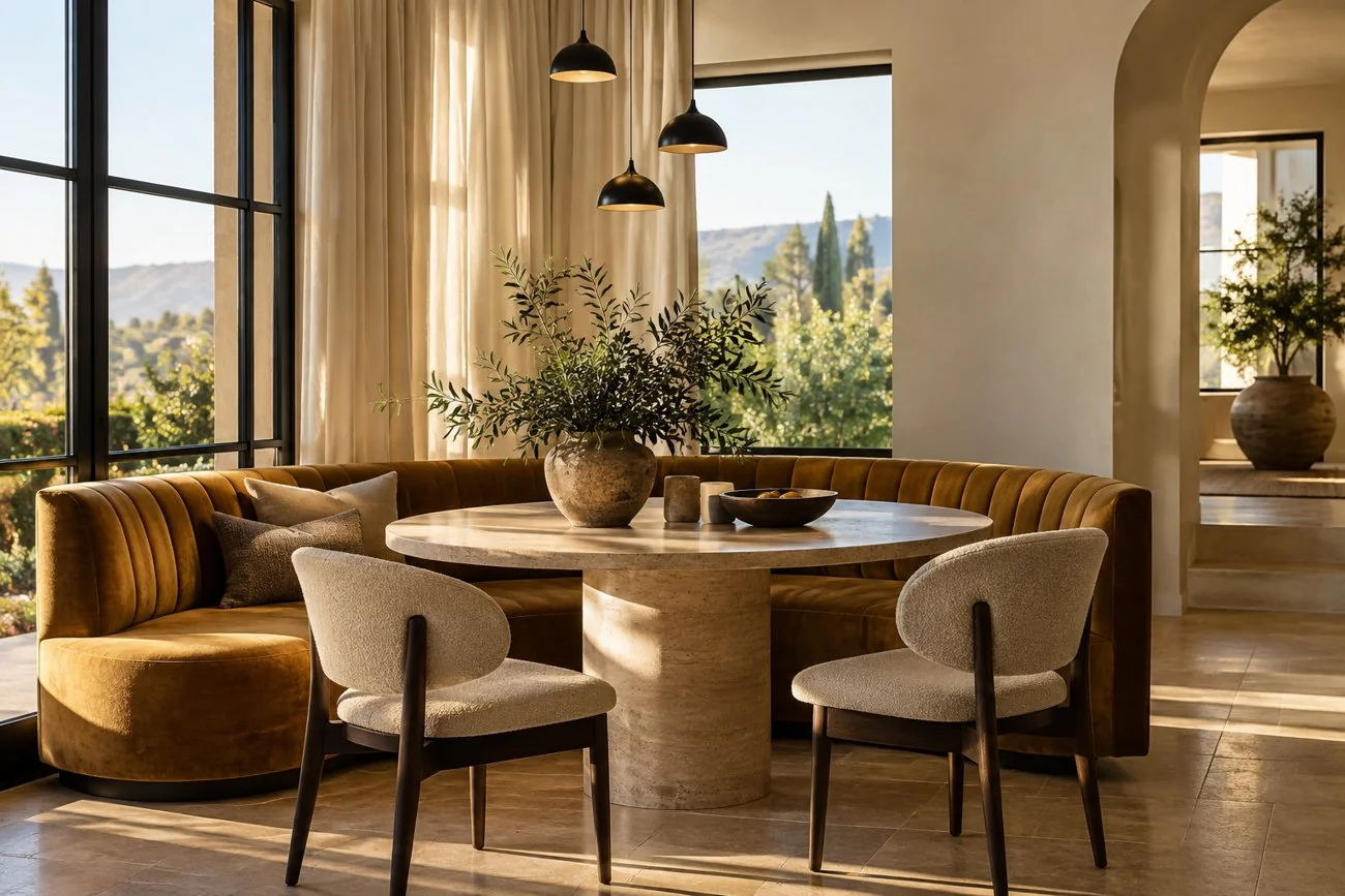 AI-generated design inspiration: A tasteful intimate dining nook with ochre velvet curved banquette, travertine round table, cream curtains and small black pendant lamps