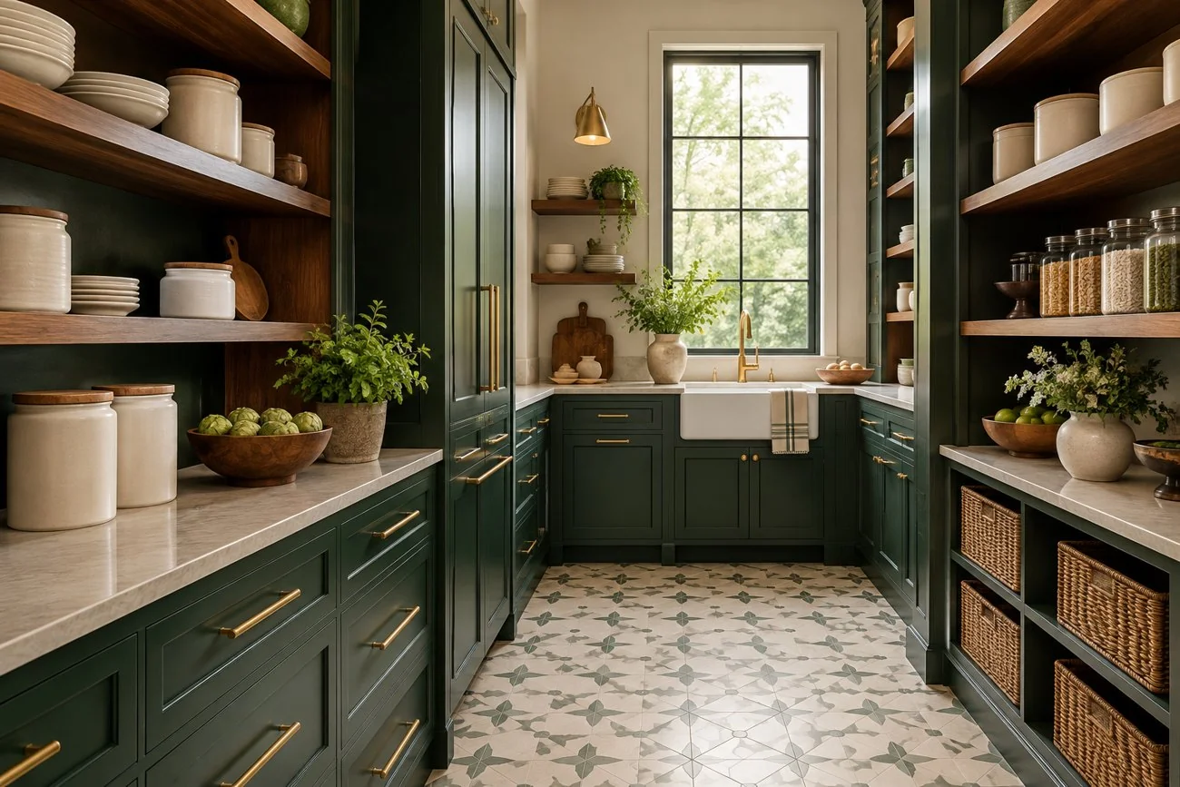 AI-generated design inspiration: A designer pantry with emerald cabinetry, warm walnut shelves, unlabeled ceramic storage and cream patterned tile floor