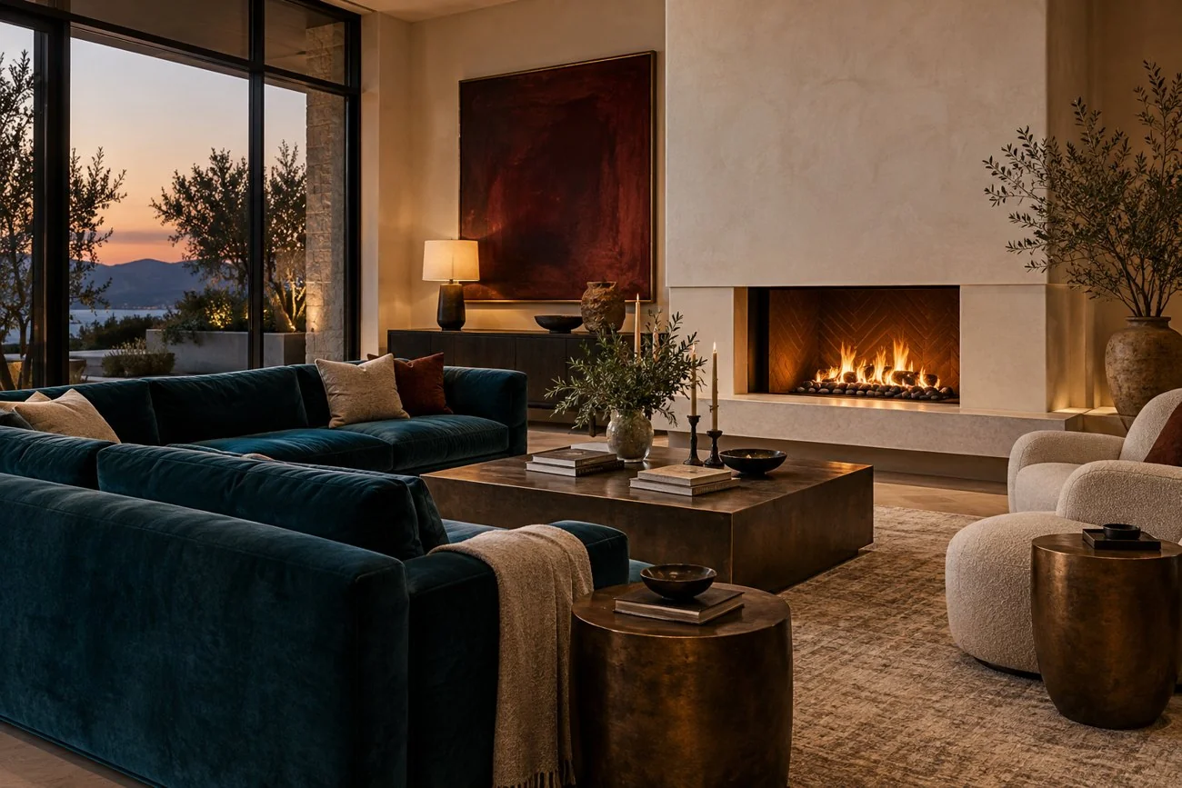 AI-generated design inspiration: A refined modern living room with deep teal sofa, cream plaster fireplace, bronze side tables and oversized burgundy abstract artwork