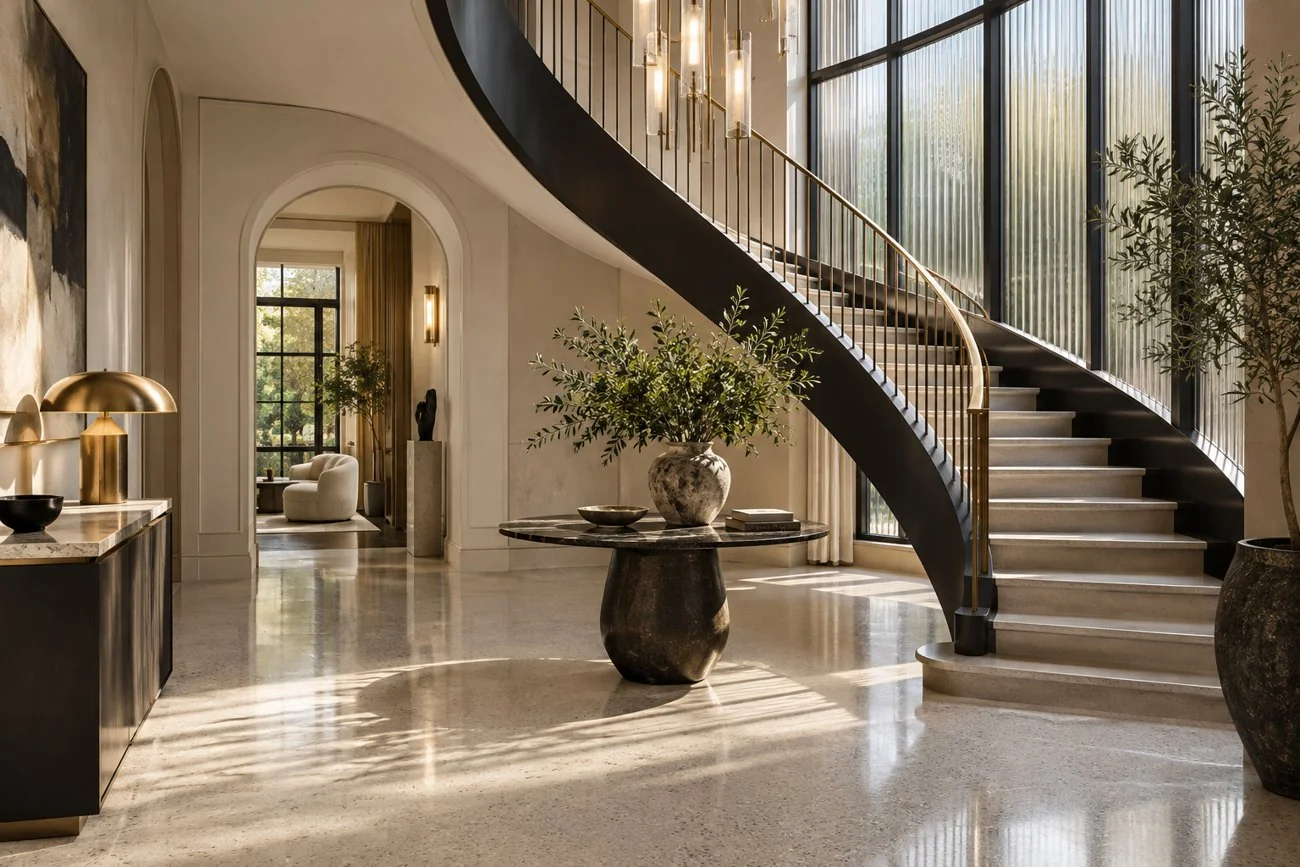 AI-generated design inspiration: A glamorous stair hall with cream terrazzo floor, curved black stair, brushed gold rail and tall fluted glass window