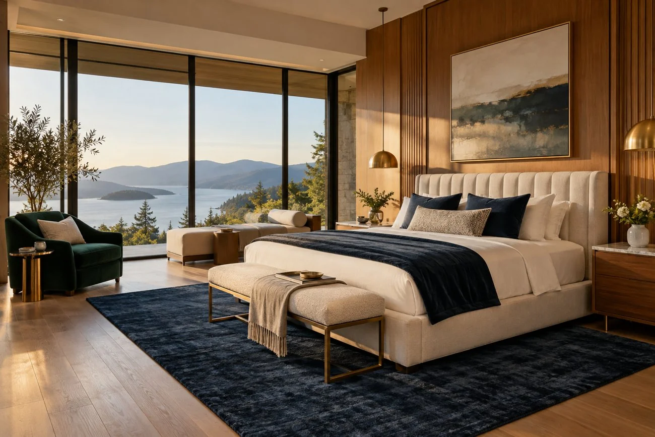 AI-generated design inspiration: A high-end primary suite with cream upholstered bed, navy rug, brass details, warm oak paneling and deep emerald lounge chair