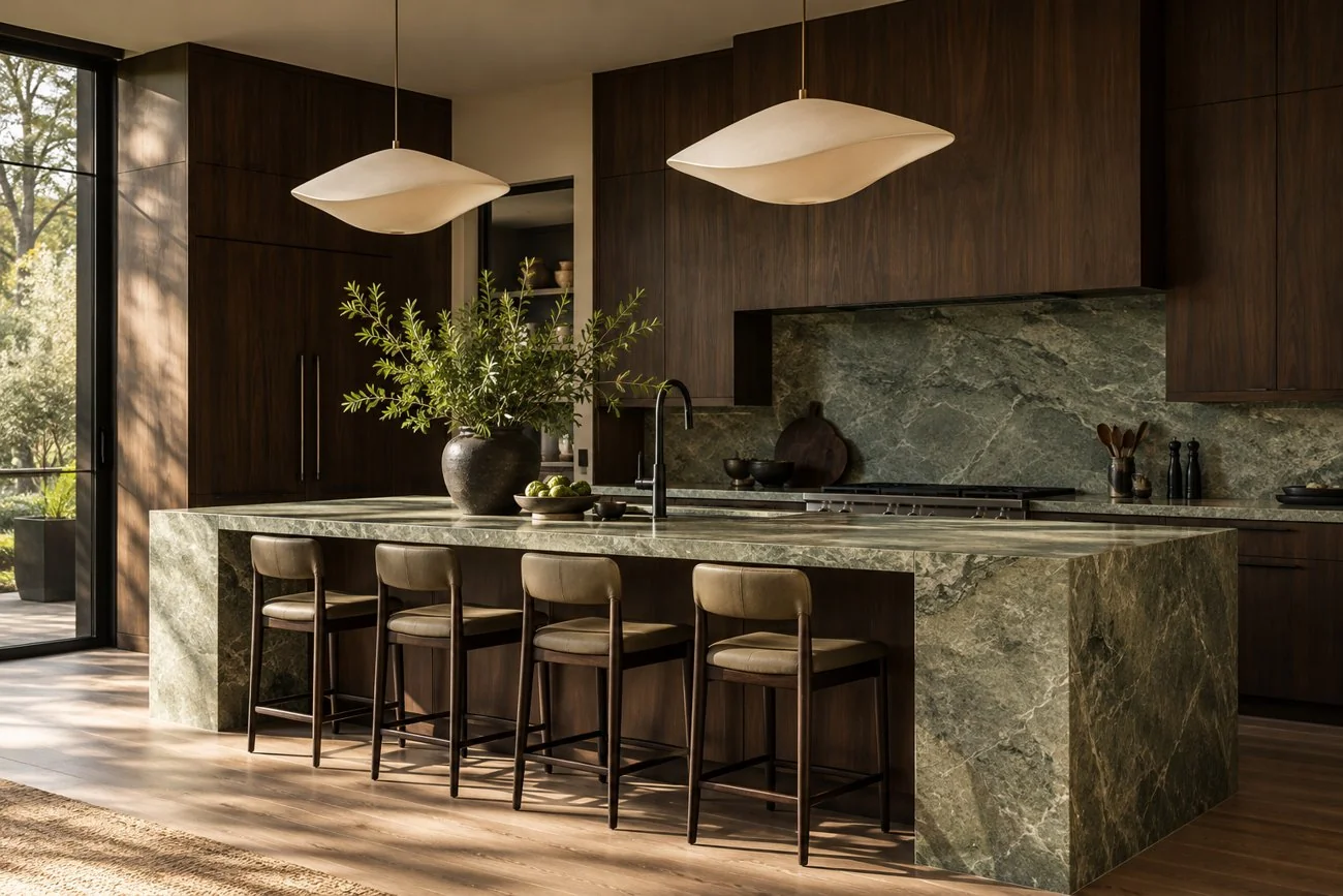 AI-generated design inspiration: A contemporary kitchen with dark walnut cabinetry, pale green stone island, black fittings and sculptural ivory pendants