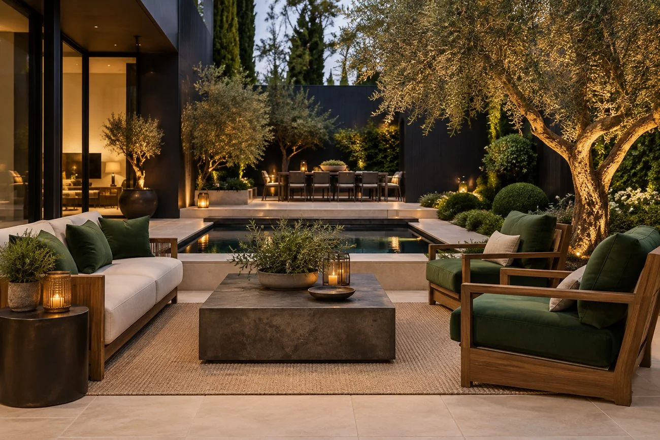 AI-generated design inspiration: A refined outdoor courtyard with cream paving, emerald outdoor cushions on walnut seating, black architectural walls and subtle brass garden lanterns